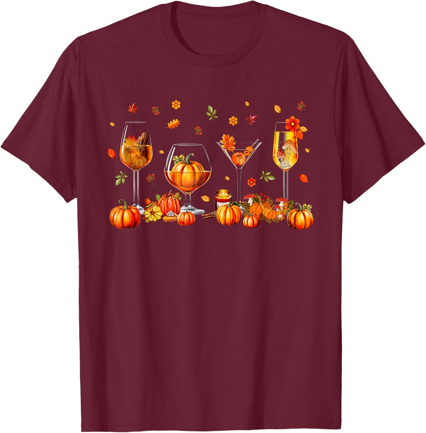 Wine Glasses Drinking Party Pumpkin Fall Season Thanksgiving T-Shirt - T-Shirt | Maroon