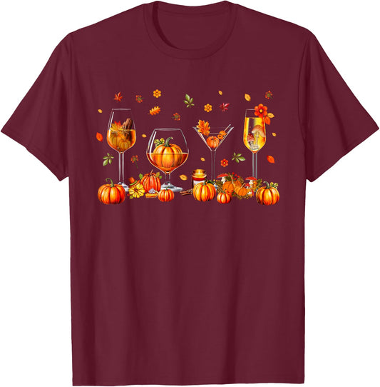 Wine Glasses Drinking Party Pumpkin Fall Season Thanksgiving T-Shirt - T-Shirt | Maroon