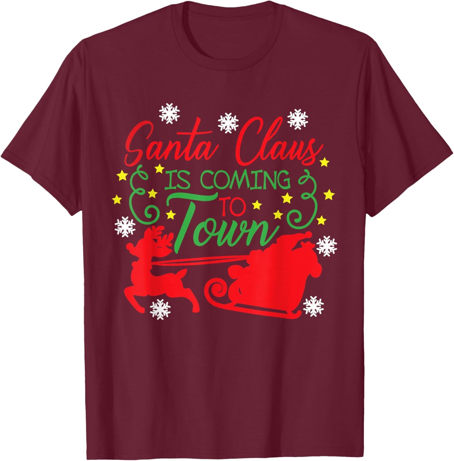 Santa Claus Is Coming To Town Flying Reindeer Snowflakes T-Shirt - T-Shirt | Maroon