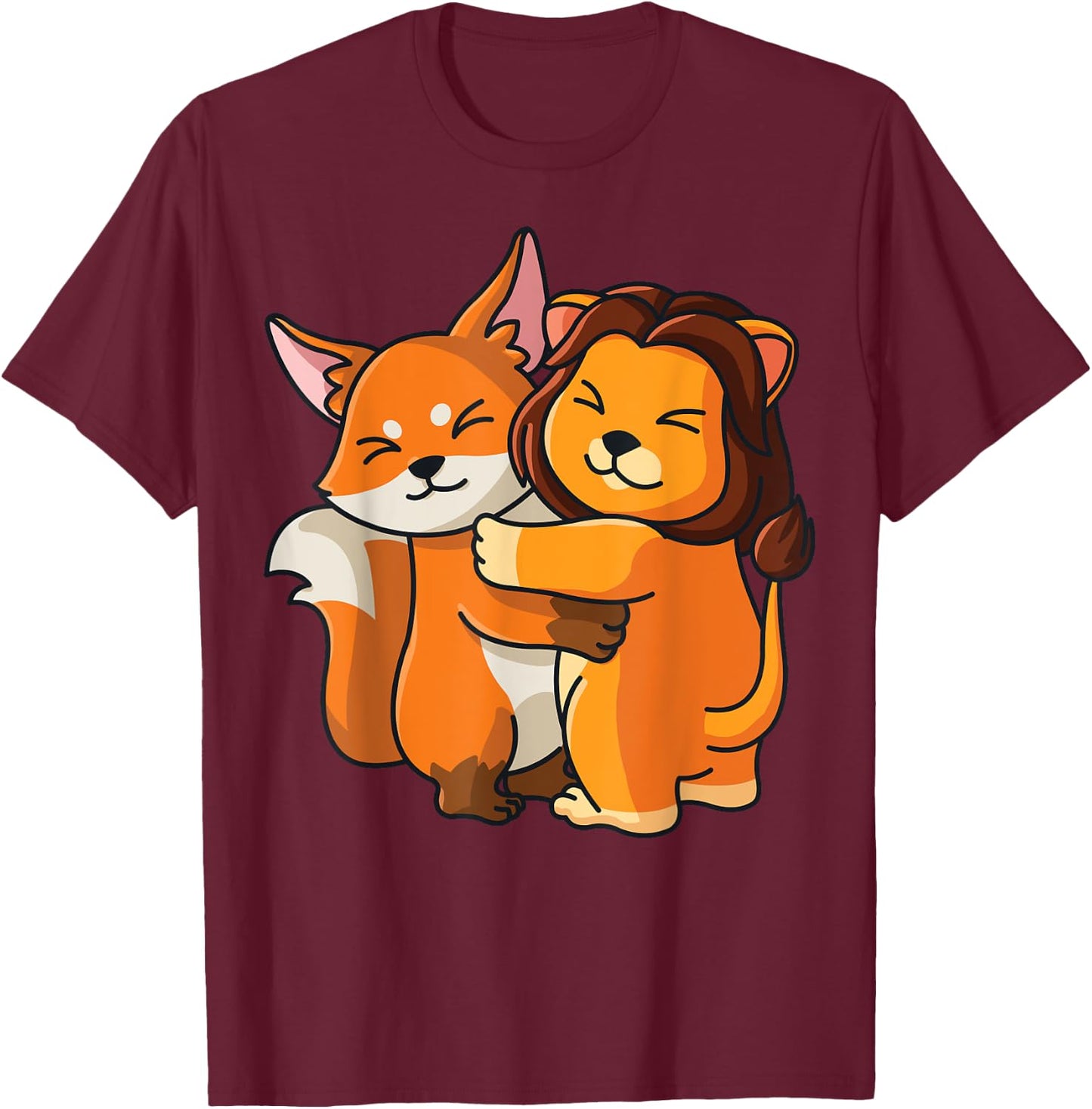 Fox and Lion cute Hug Cuddle Animals Lions plus Foxes T-Shirt - T-Shirt | Maroon