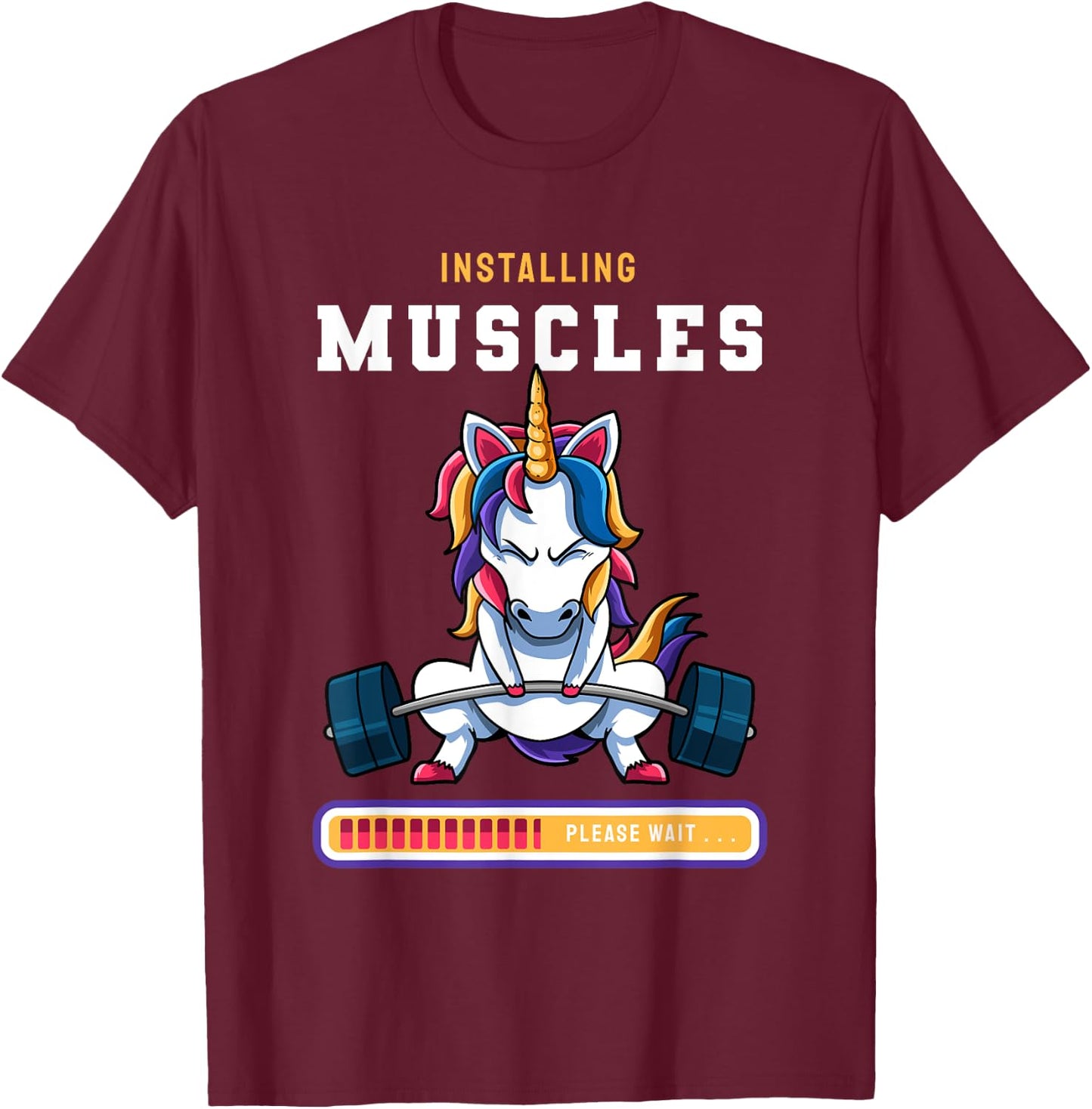 Funny Magical Unicorn Lifting Installing Muscles Loading App T-Shirt - T-Shirt | Maroon