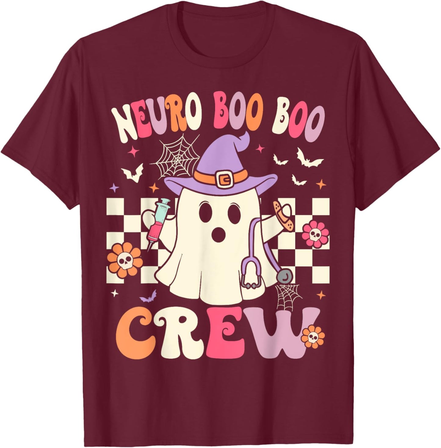 Groovy Neuro Nurse Halloween Ghost Neurology Nurse T-Shirt - T-Shirt | Maroon