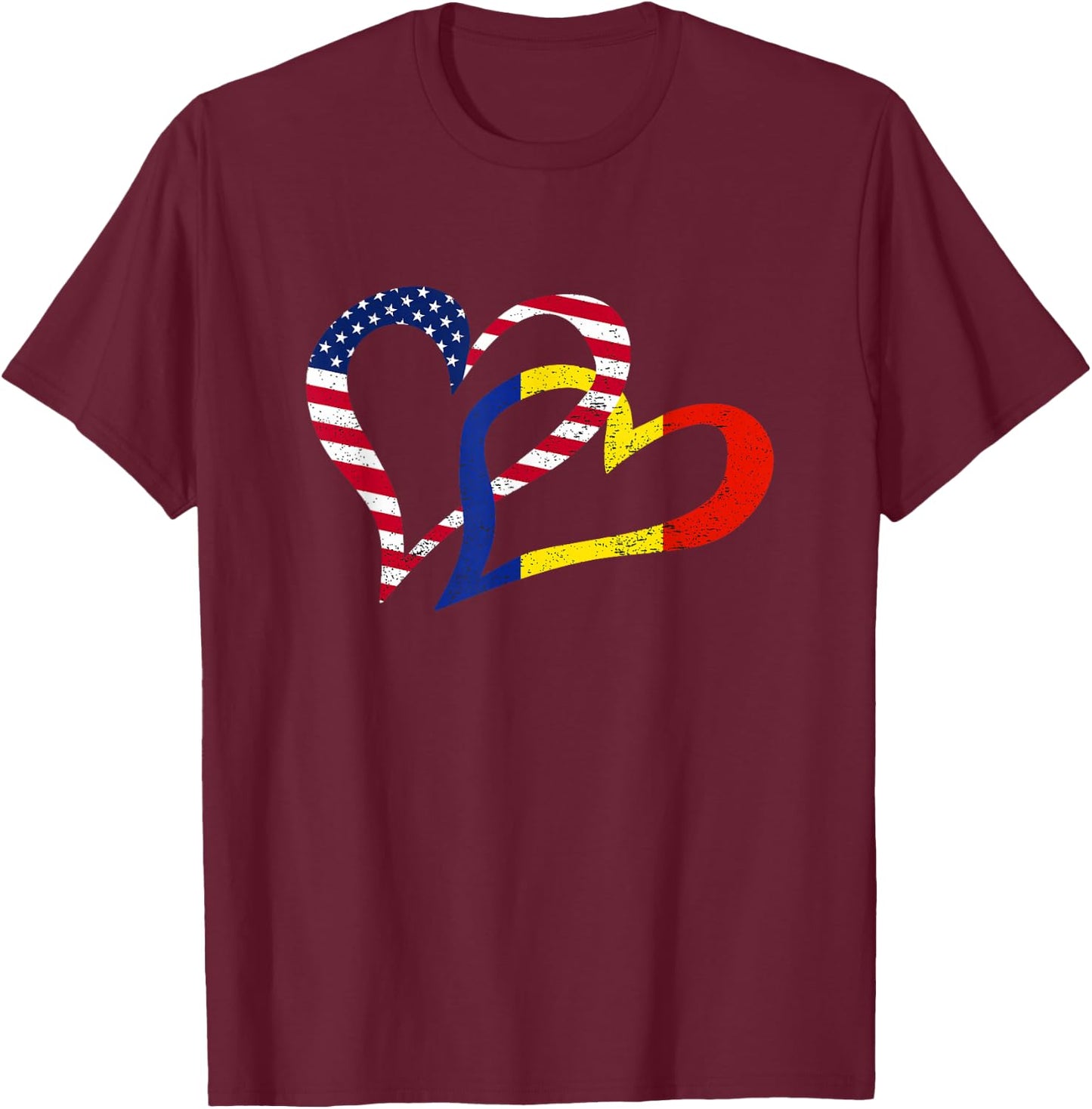 Cool Romania USA Flag Heart Romanian Americans Pride Print T-Shirt - T-Shirt | Maroon