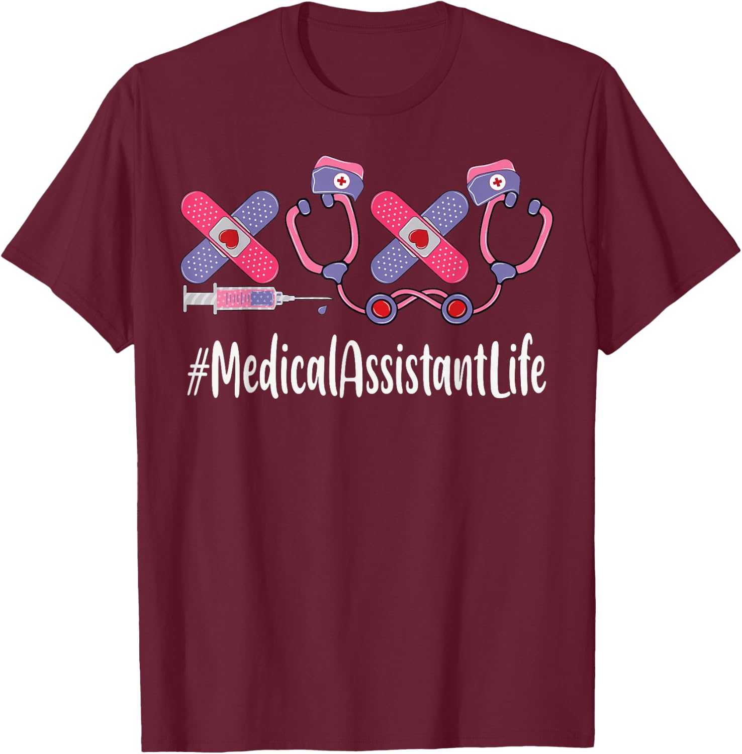Medical Assistant Valentines Day Women Heart Stethoscope T-Shirt - T-Shirt | Maroon