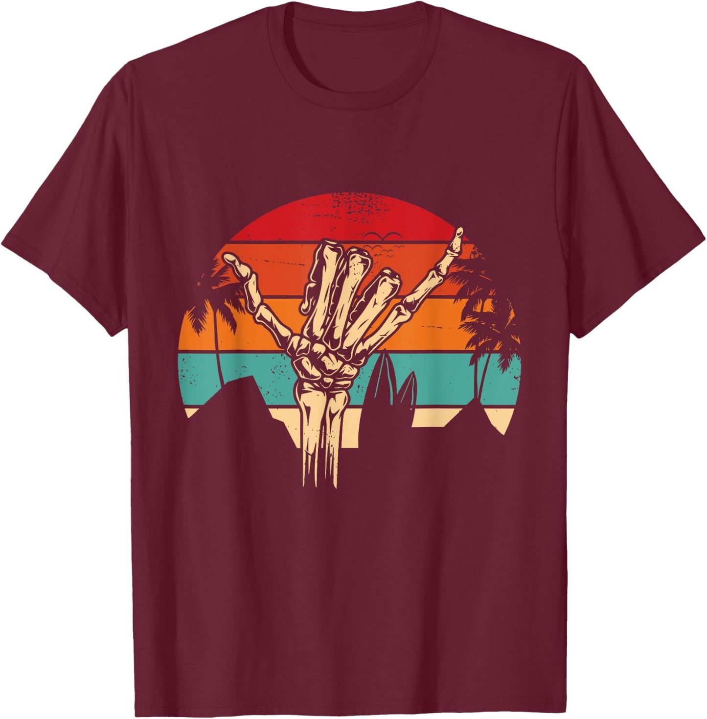 Shaka Sign Vintage Skeleton Hand - Surfing & Surf T-Shirt - T-Shirt | Maroon