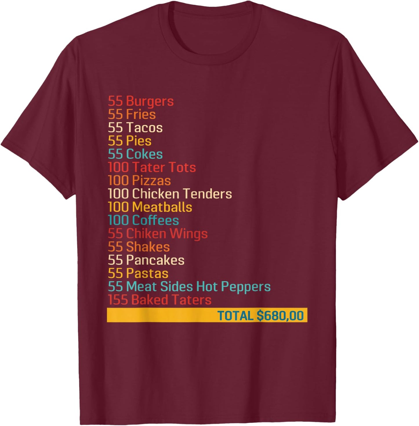 55 Burgers 55 Fries 55 Tacos 55 Pies 55 Cokes Funny Apparel T-Shirt - T-Shirt | Maroon