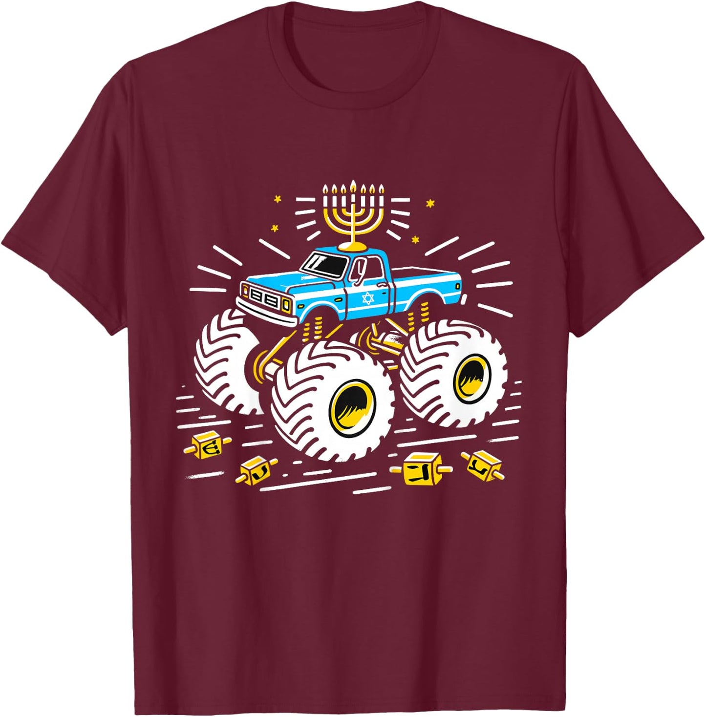 Kids Monster Truck Menorah Dreidel Toddler Boys Hanukkah PJs T-Shirt - T-Shirt | Maroon