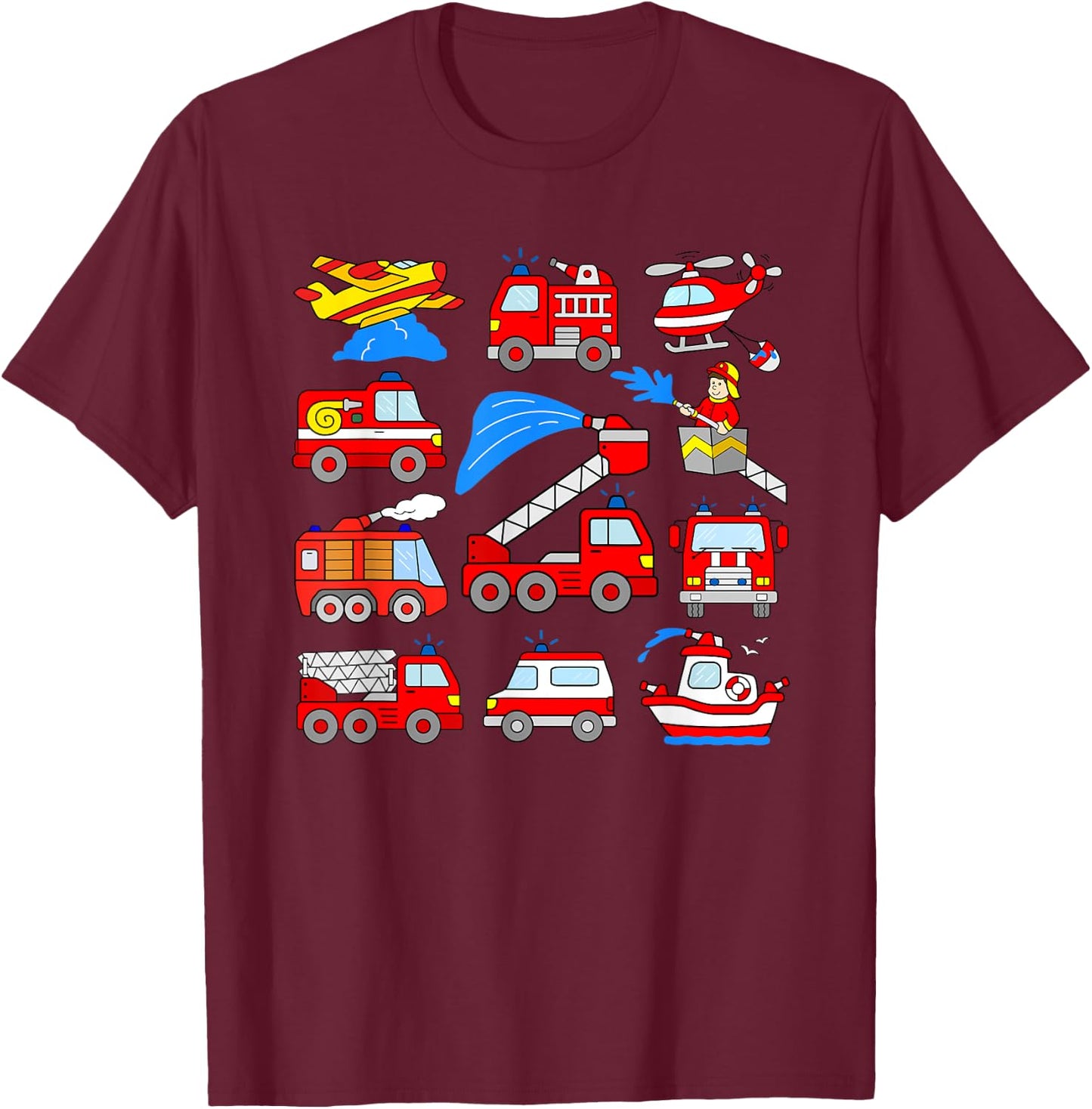 Firetrucks Toddler Rescue Vehicles Fireman Trucks Boat Plane T-Shirt - T-Shirt | Maroon