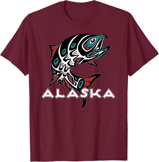 Alaska Salmon Fishing Native American Indigenous Tlingit Art T-Shirt - T-Shirt | Maroon
