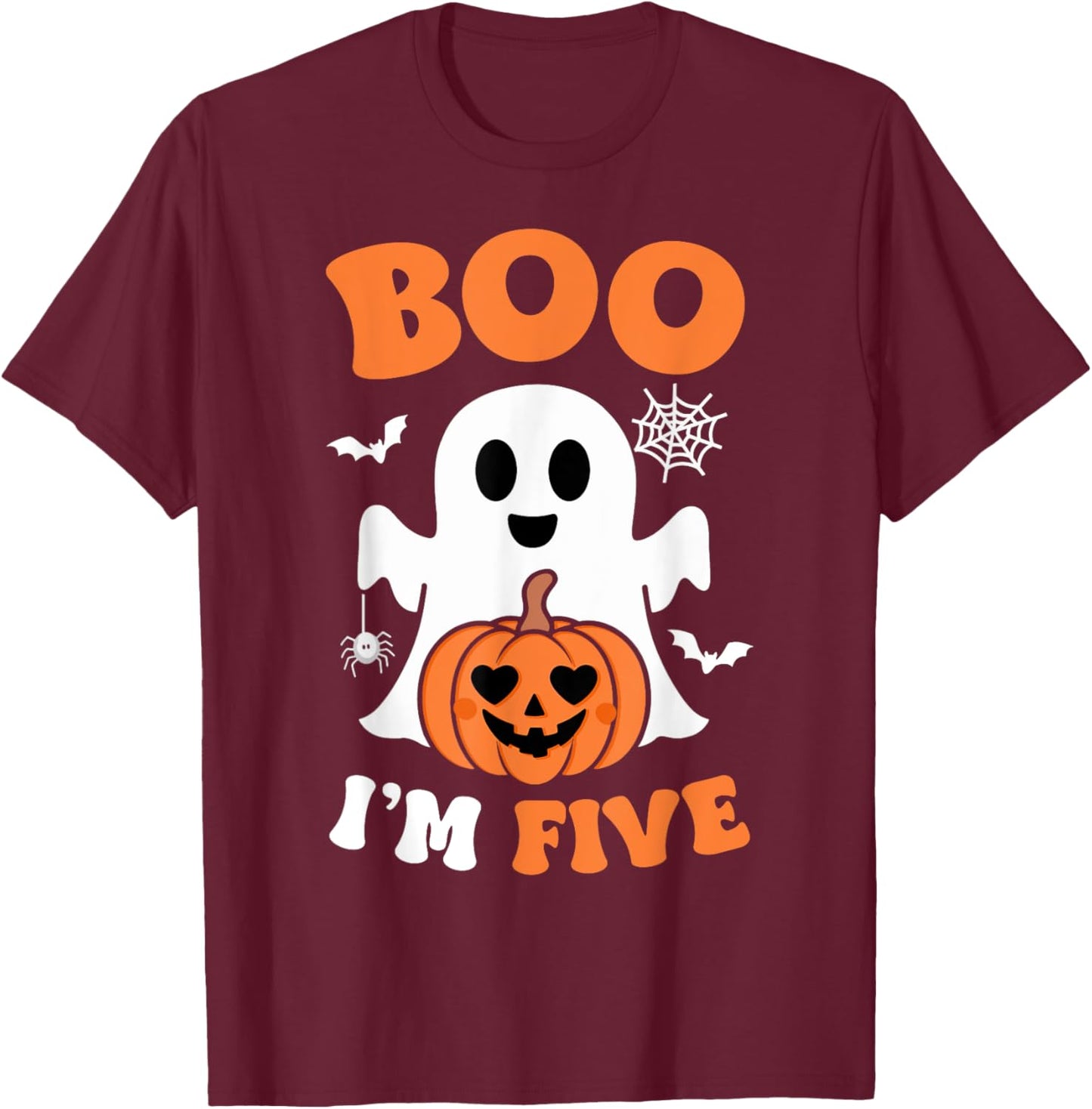 Ghost Boo I'm Five Year 5th Birthday Boys Halloween Groovy T-Shirt - T-Shirt | Maroon