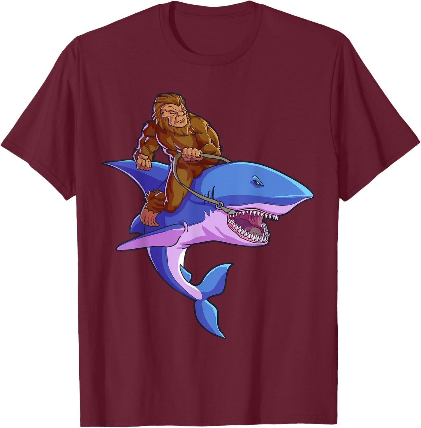 Bigfoot Riding Shark Funny Sasquatch Jawsome Kids Gift T-Shirt - T-Shirt | Maroon