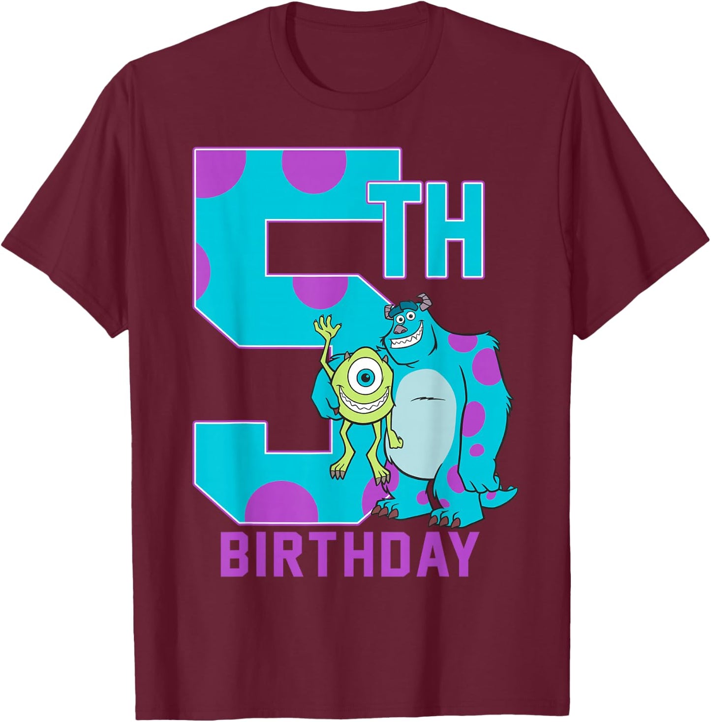 Disney Pixar Monsters Inc. Mike & Sully Happy 5th Birthday T-Shirt - T-Shirt | Maroon