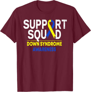 Support Squad Down Syndrome T21 Awareness Blue Yellow Ribbon T-Shirt - T-Shirt | Maroon