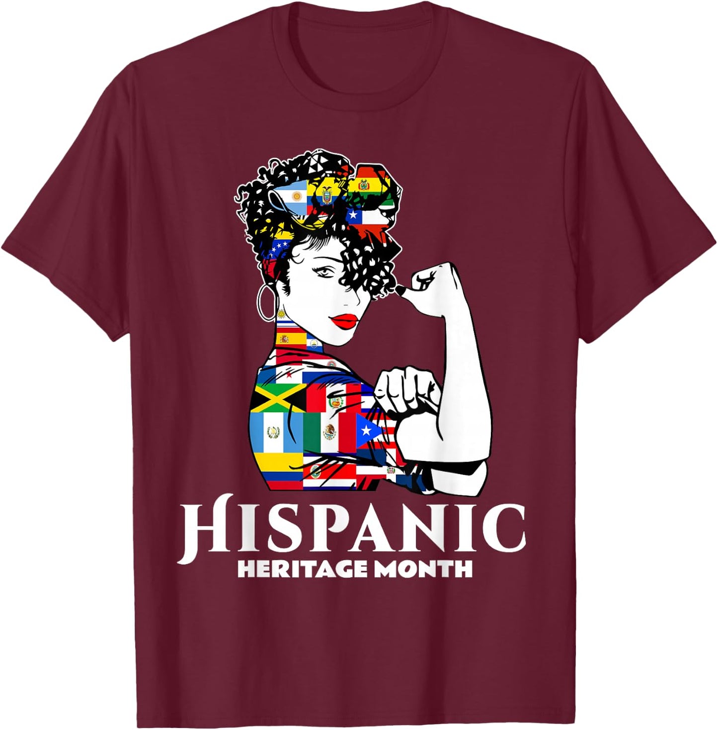 Hispanic Heritage Month Woman Latino Countries Flag T-Shirt - T-Shirt | Maroon