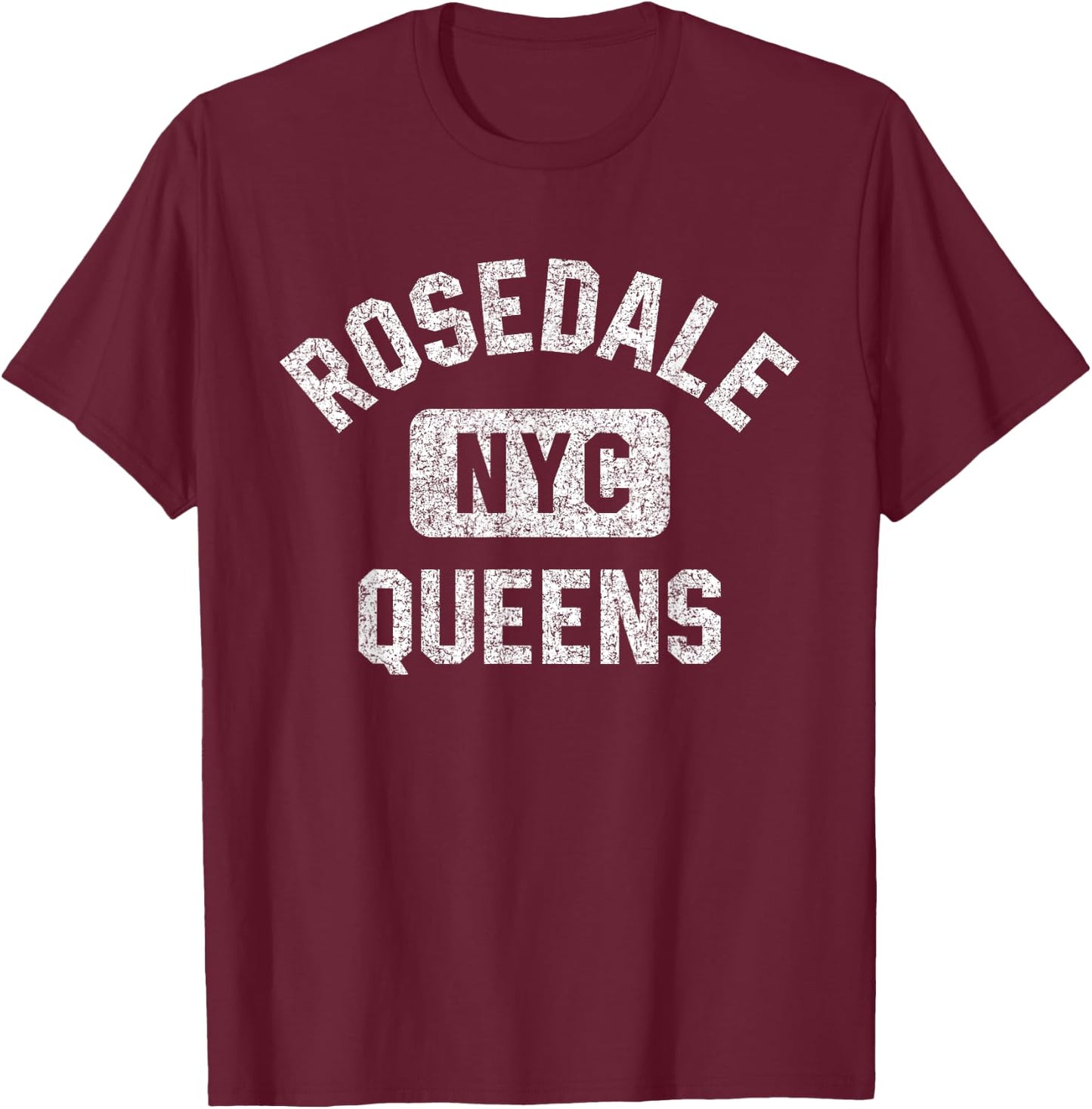 Rosedale Queens NYC Gym Style Distressed White Print T-Shirt - T-Shirt | Maroon