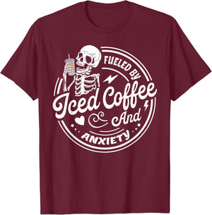Retro Fueled By Iced Coffee And Anxiety Mental Health T-Shirt - T-Shirt | Maroon