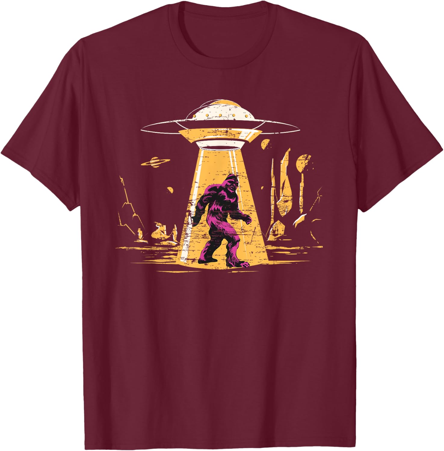 Alien Bigfoot UFO Abduction Sasquatch Yeti Cryptid Bigfoot T-Shirt - T-Shirt | Maroon