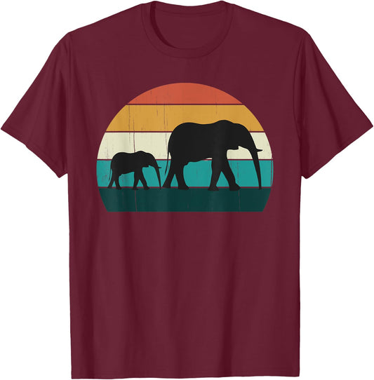 Retro Elephant & Baby - Vintage Sunset African Land Mammals T-Shirt - T-Shirt | Maroon