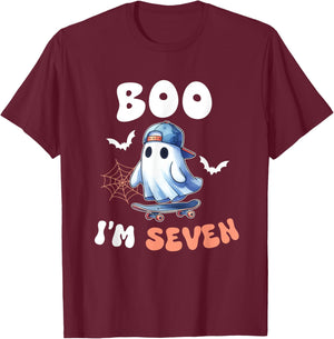 Boo I'm Seven Ghost Skateboard 7th Birthday Halloween Boys T-Shirt - T-Shirt | Maroon