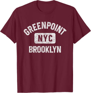 Greenpoint Brooklyn NYC Gym Style Distressed White Print T-Shirt - T-Shirt | Maroon