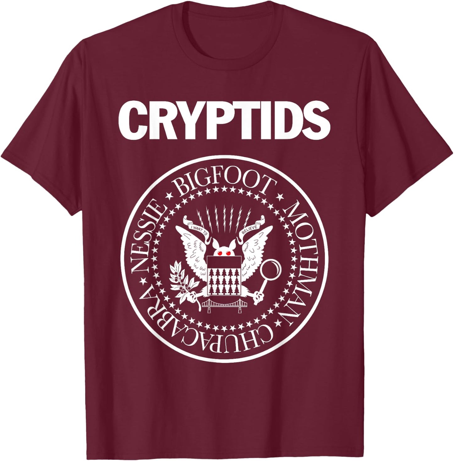 CRYPTIDS – Bigfoot Mothman Nessie Chupacabra Parody Punk T-Shirt - T-Shirt | Maroon