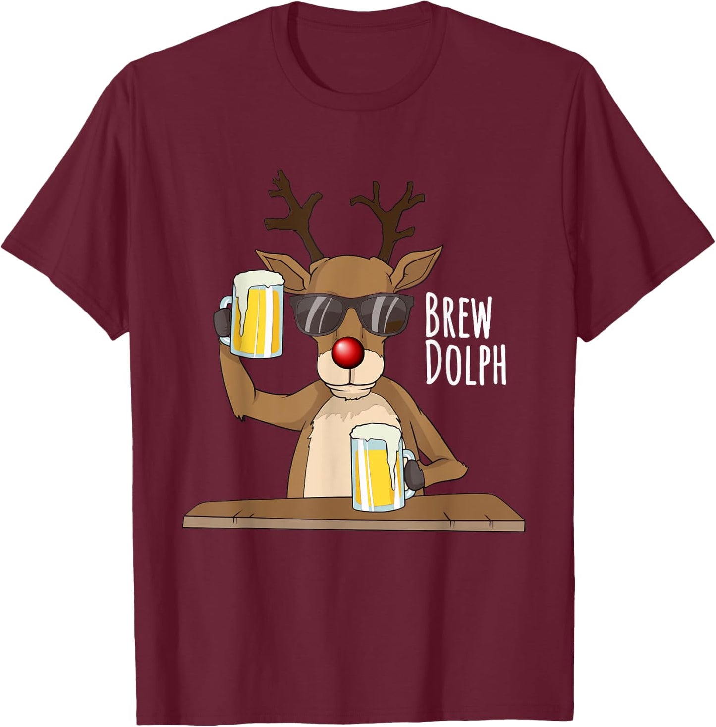 Funny Christmas Alcohol Shirt. Brew Dolph Beer Drinking Deer T-Shirt - T-Shirt | Maroon