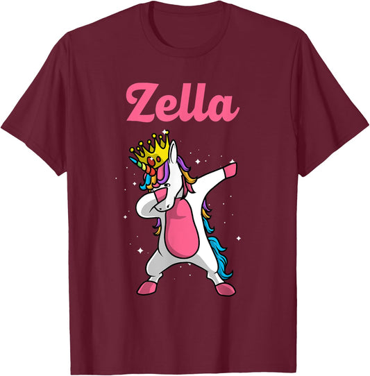 ZELLA Name Personalized Birthday Dabbing Unicorn Queen T-Shirt - T-Shirt | Maroon