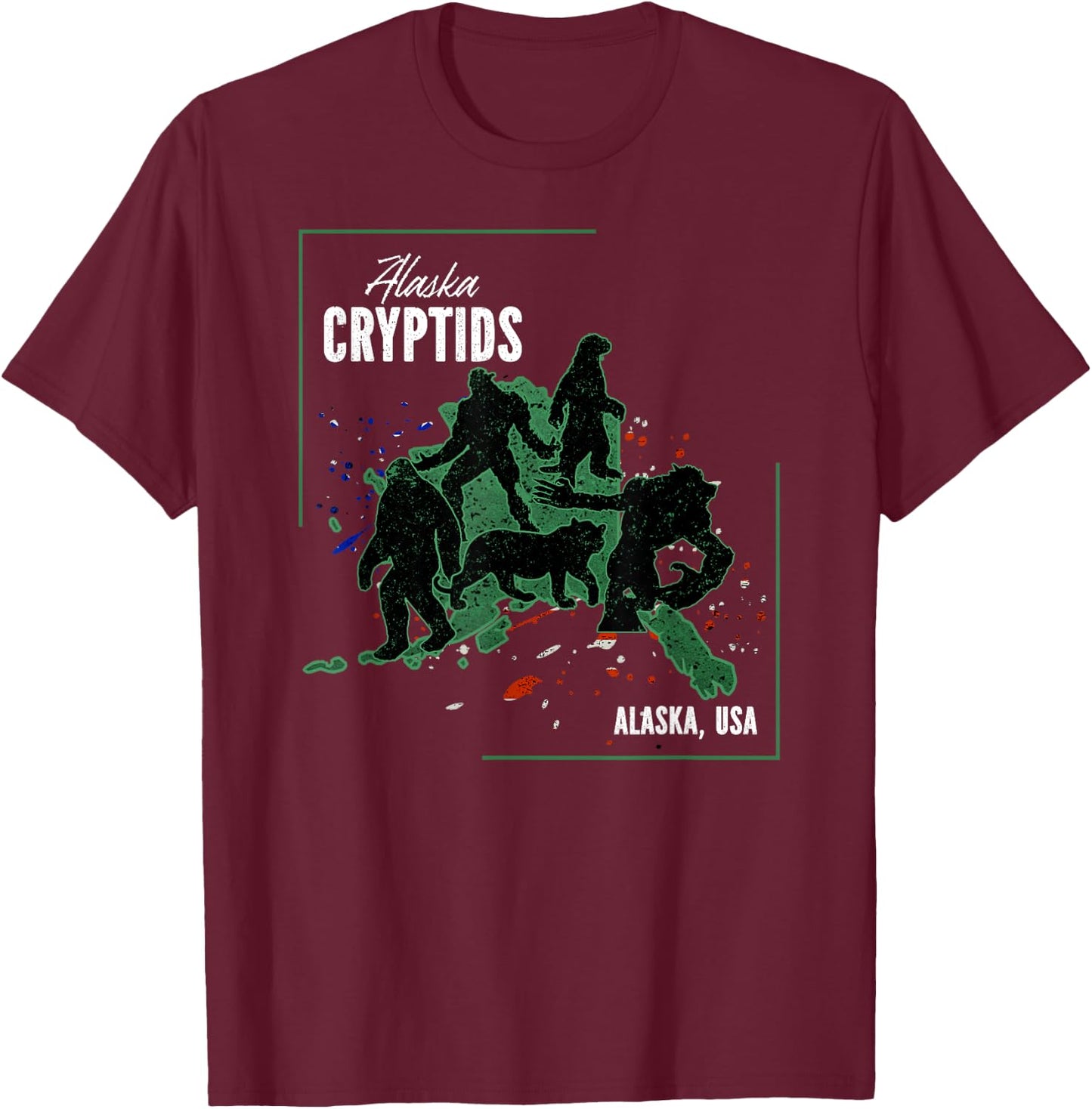 Cryptid Map of Alaska - The Otterman, Bigfoot, Giant, Tiger T-Shirt - T-Shirt | Maroon