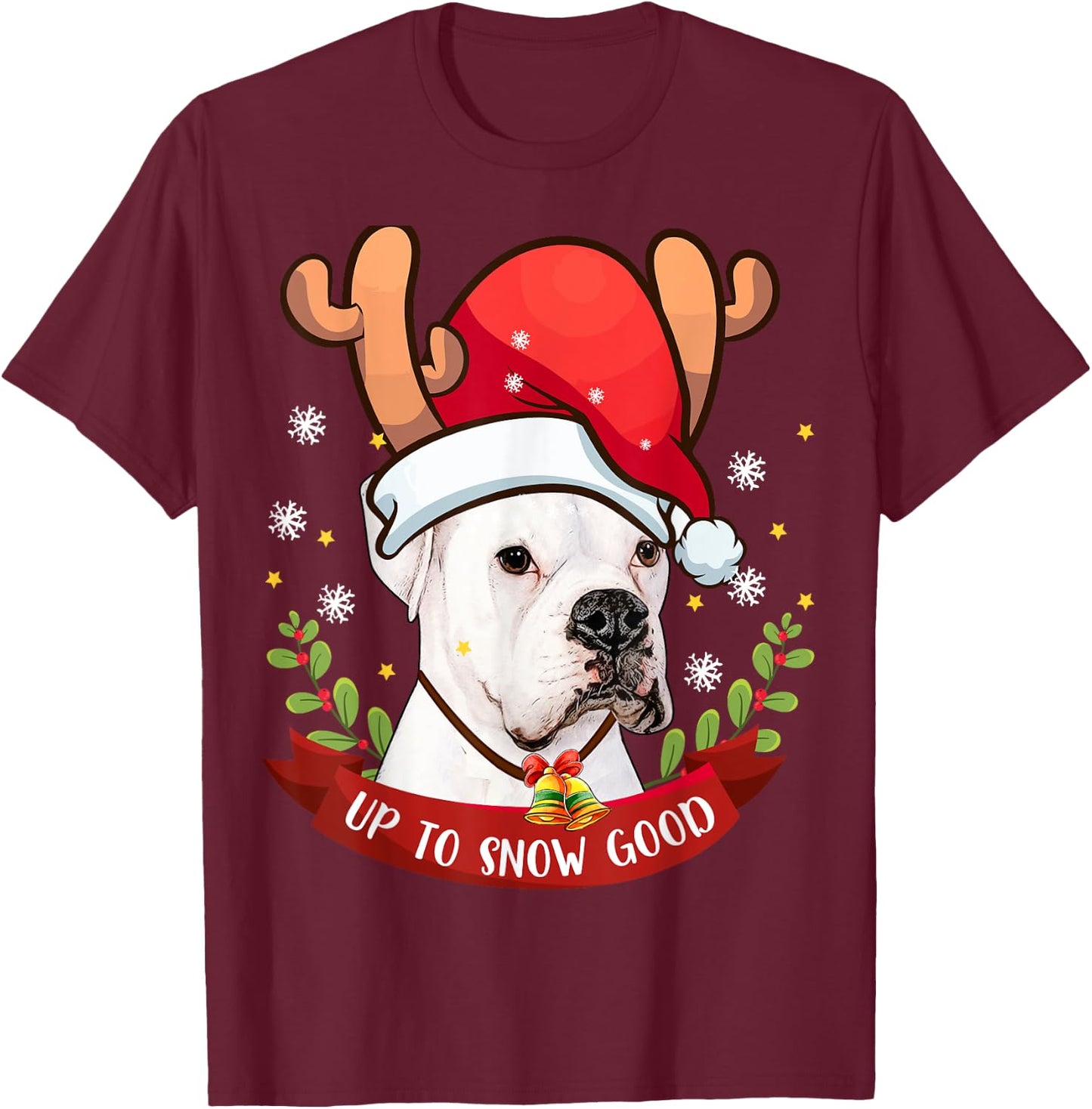 White Boxer Dog Reindeer Christmas Gift Boys Girls Kids T-Shirt - T-Shirt | Maroon