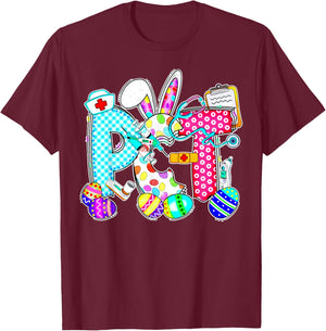 Retro PCT Patient Care Technician Bunny Egg Easter Day Nurse T-Shirt - T-Shirt | Maroon