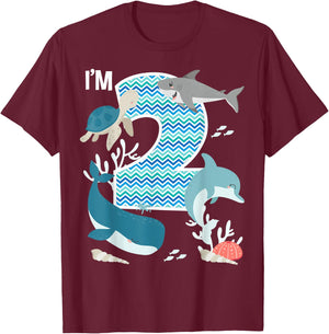 Kids 2 Year Old Ocean Life Whale Dolphin Shark 2nd Birthday T-Shirt - T-Shirt | Maroon