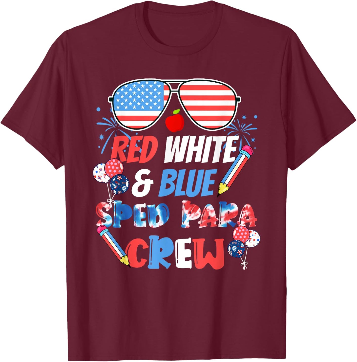 Tie Dye Red White & Blue Sped Para Crew 4th of July T-Shirt - T-Shirt | Maroon