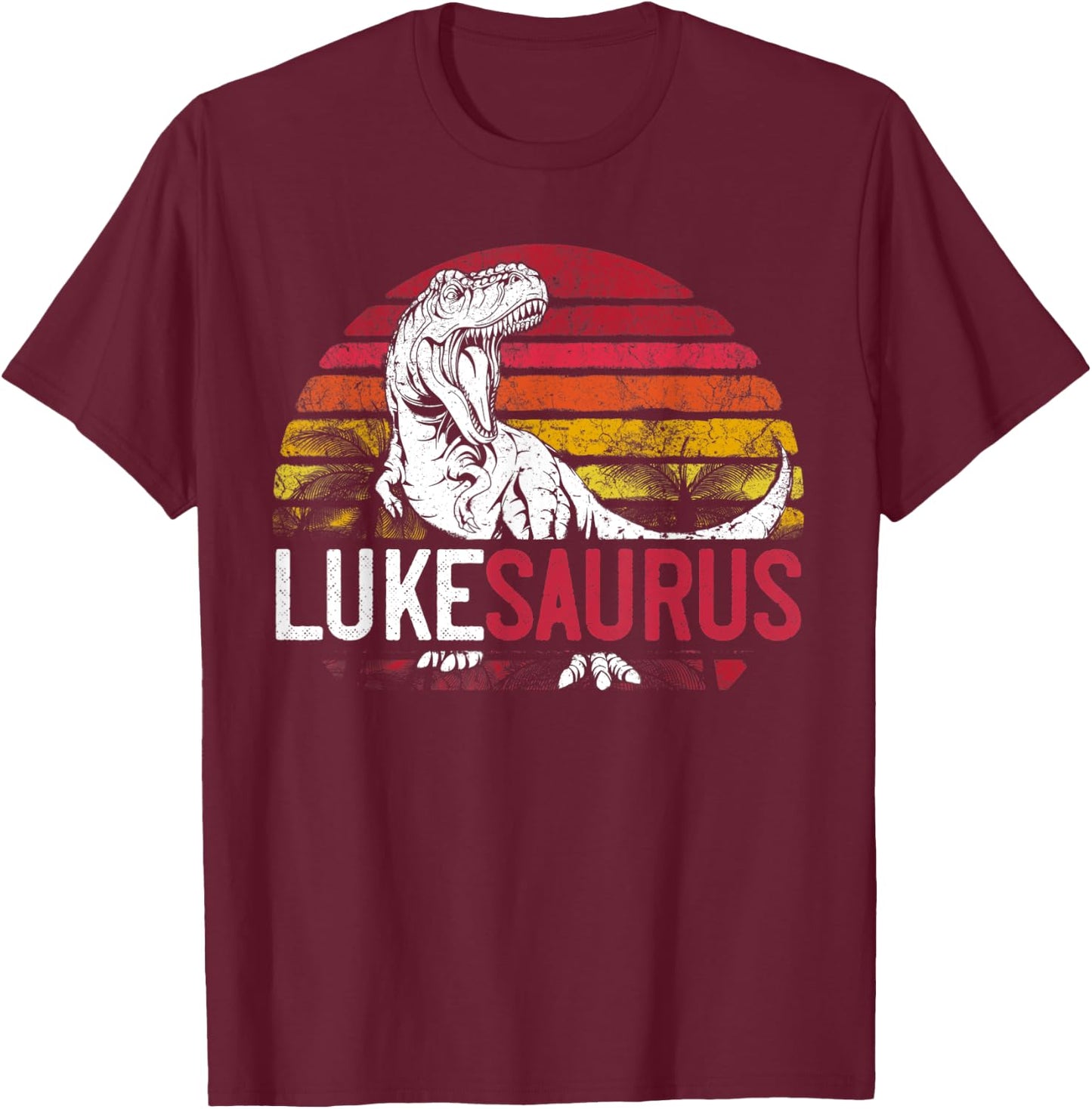 Luke Saurus Funny Personalized Dinosaur T Rex Name Gift Boys T-Shirt - T-Shirt | Maroon