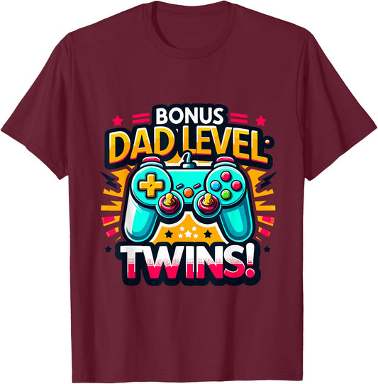 Dad Level: Twins! - Funny and Playful Typography Twin Dad T-Shirt - T-Shirt | Maroon