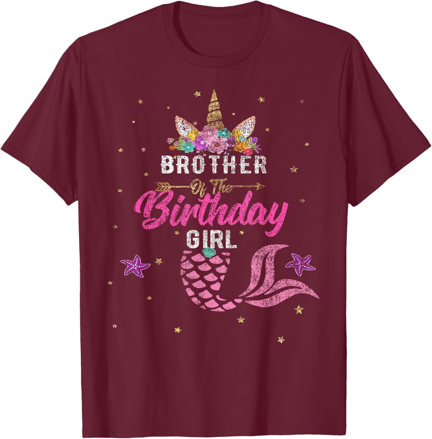 Brother of Birthday Girl Unicorn Shirt Mermaid Gift T-Shirt - T-Shirt | Maroon
