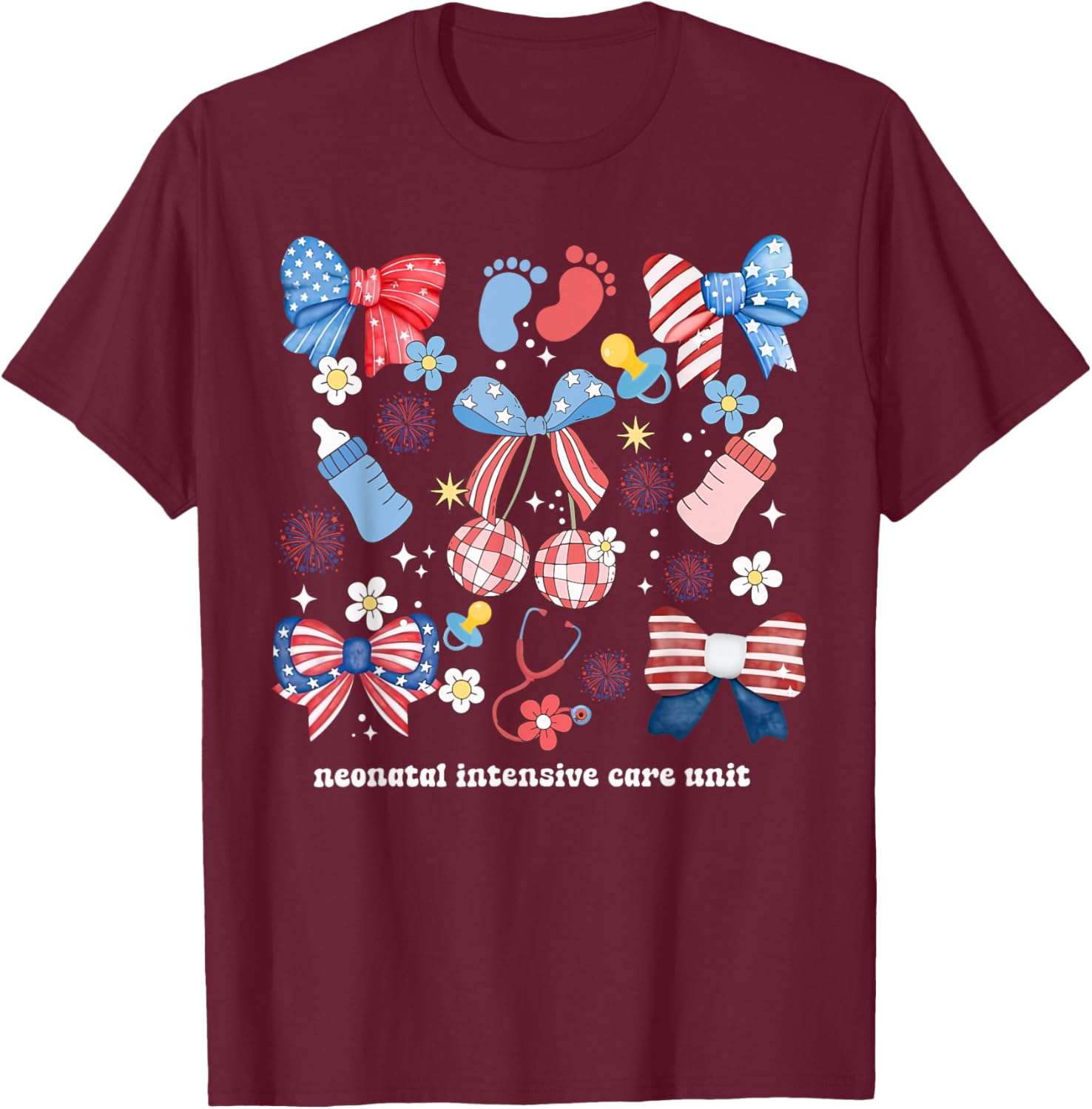 4th of July Neonatal ICU Nurse Coquette Bow NICU Nursing Women Men T-Shirt - T-Shirt | Maroon