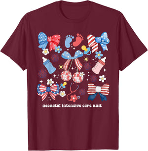 4th of July Neonatal ICU Nurse Coquette Bow NICU Nursing Women Men T-Shirt - T-Shirt | Maroon