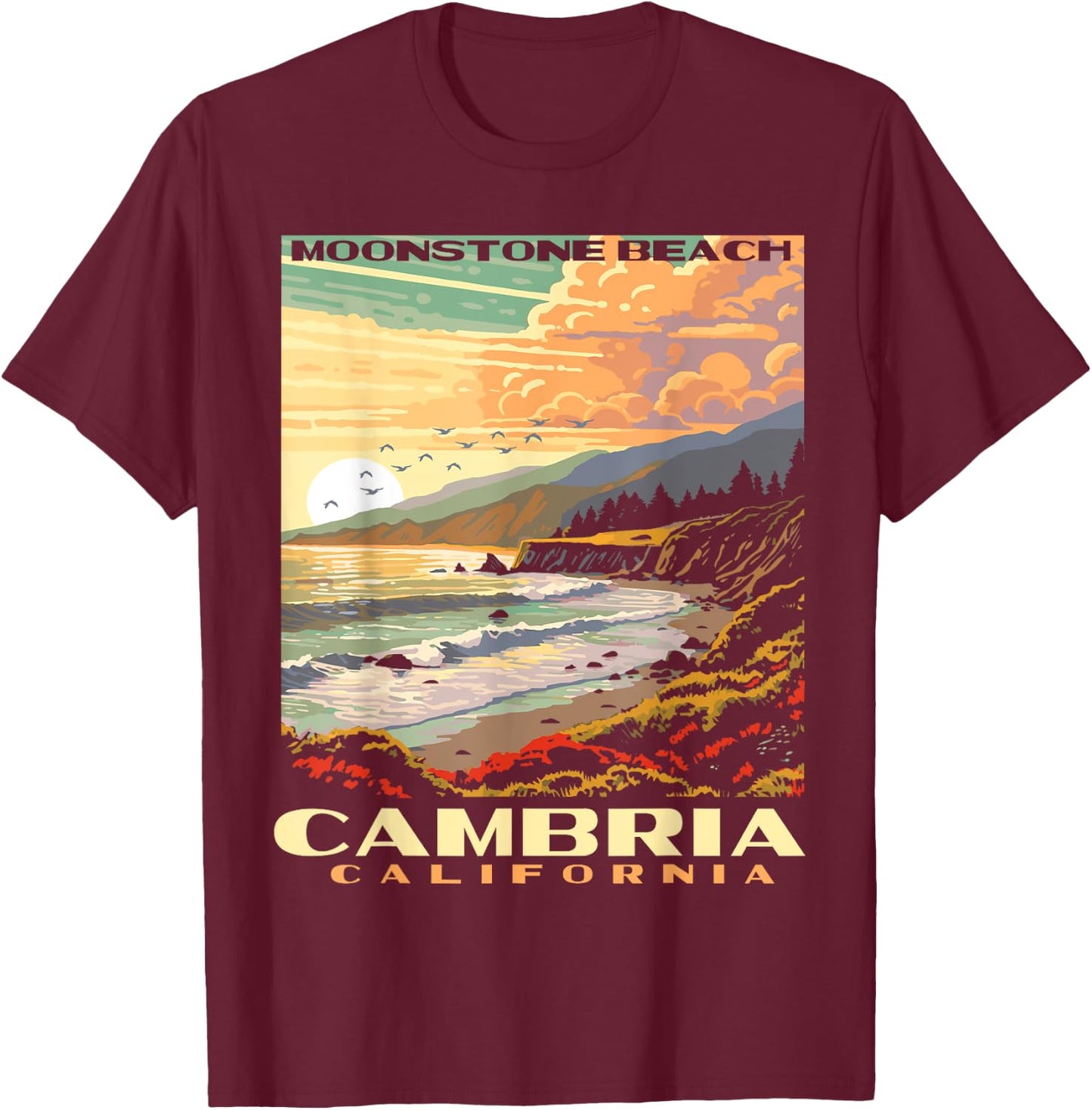 Cambria California Central Coast Moonstone Beach Vintage WPA Women Kids T-Shirt - T-Shirt | Maroon