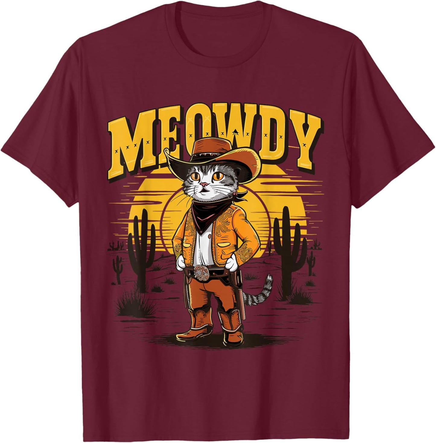 Meowdy Cowboy Cat Country Western Cat T-Shirt - T-Shirt | Maroon