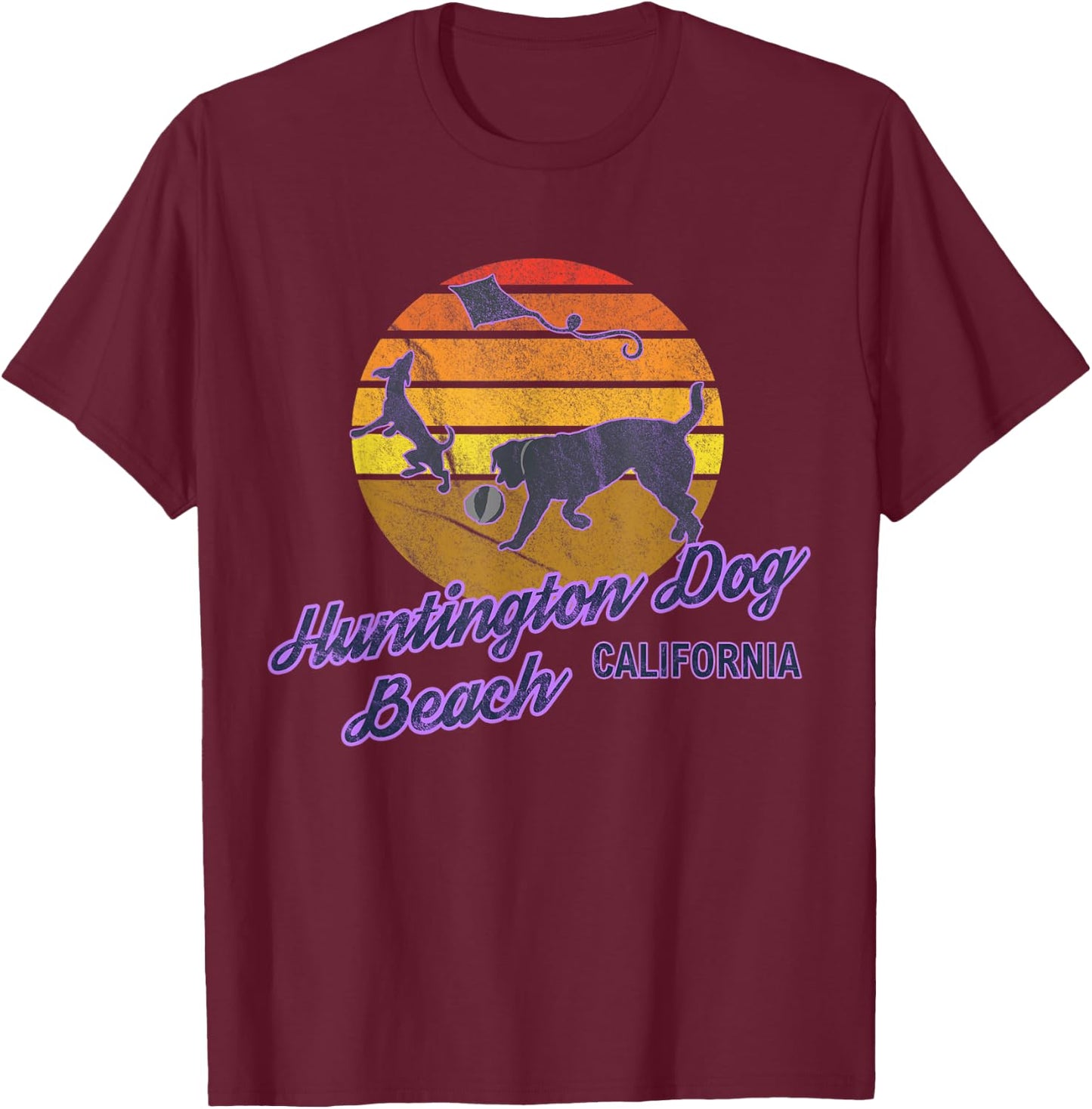 Huntington Dog Beach California USA Dog Walkers Men Women T-Shirt - T-Shirt | Maroon
