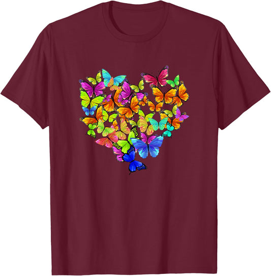 Colorful Cute Butterfly Heart - Rainbow Butterflies T-Shirt - T-Shirt | Maroon