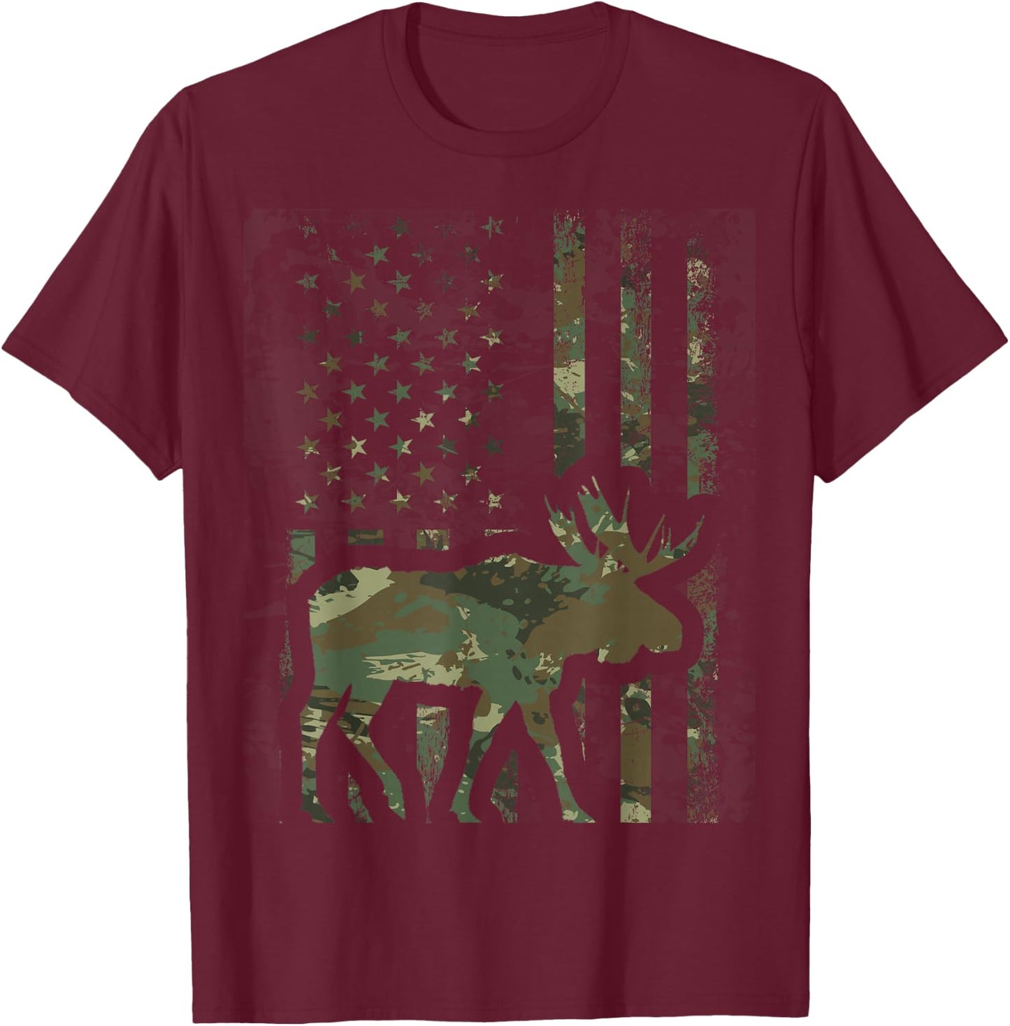 Camo American Flag Moose Hunting Gift Hunter Moose Lover T-Shirt - T-Shirt | Maroon