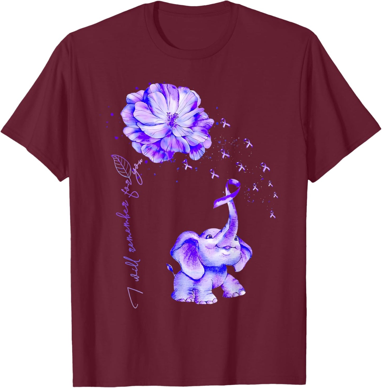 I'll Remember For You Purple Elephant Alzheimer's Awareness T-Shirt - T-Shirt | Maroon