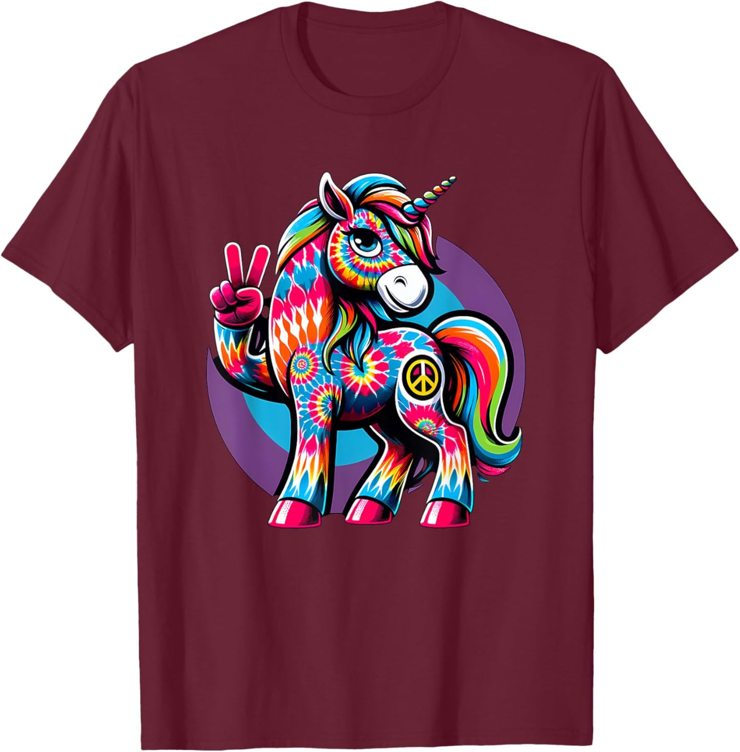 Peace Sign Tie Dye Unicorn T-Shirt - T-Shirt | Maroon