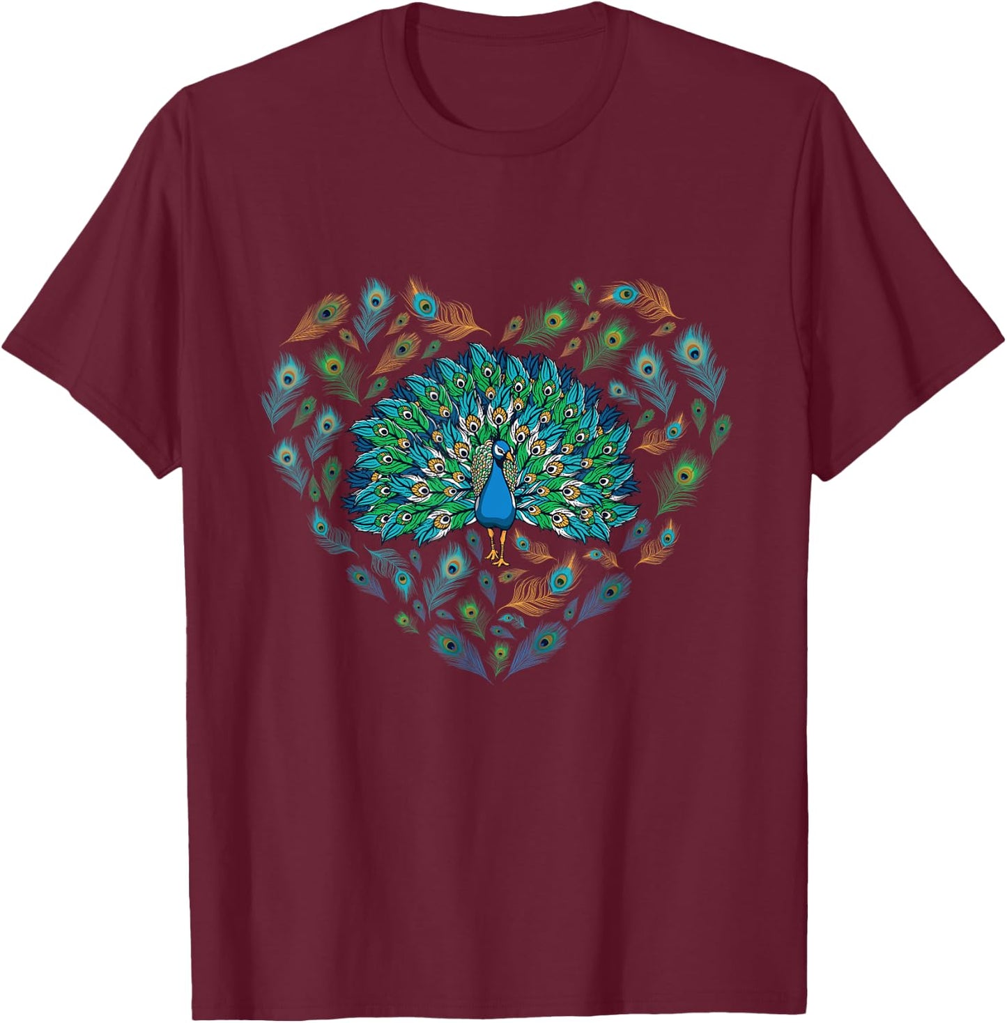 Peacock Decorative Colorful Peacock love heart men women kid T-Shirt - T-Shirt | Maroon