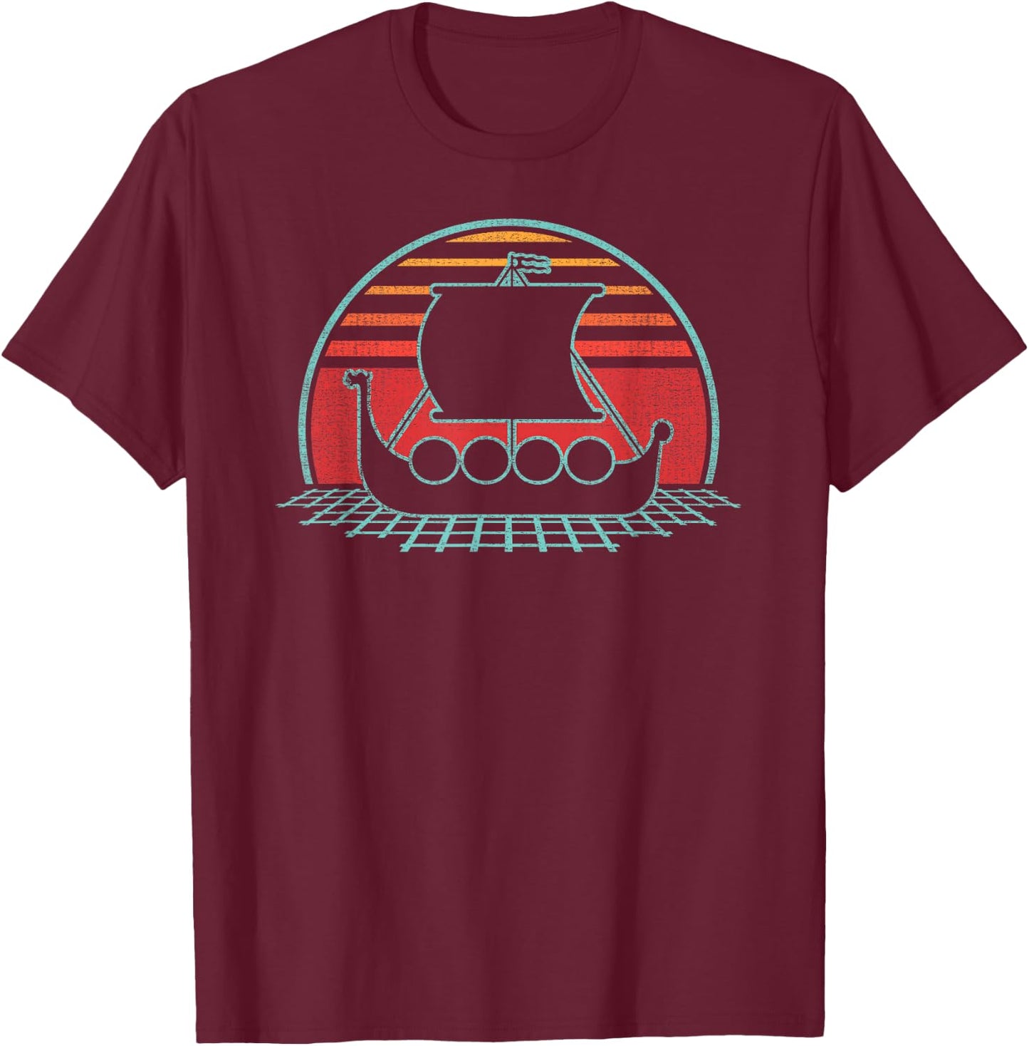 Viking Ship Retro Vintage 80s Style Gift T-Shirt - T-Shirt | Maroon