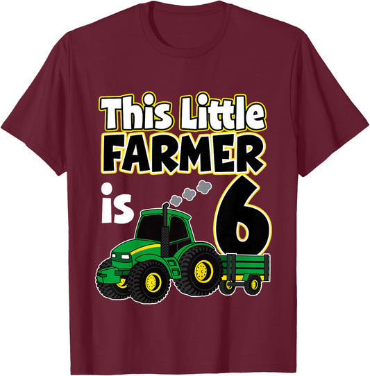 6th Birthday This Little Farmer Tractor 6 Year Old T-Shirt - T-Shirt | Maroon