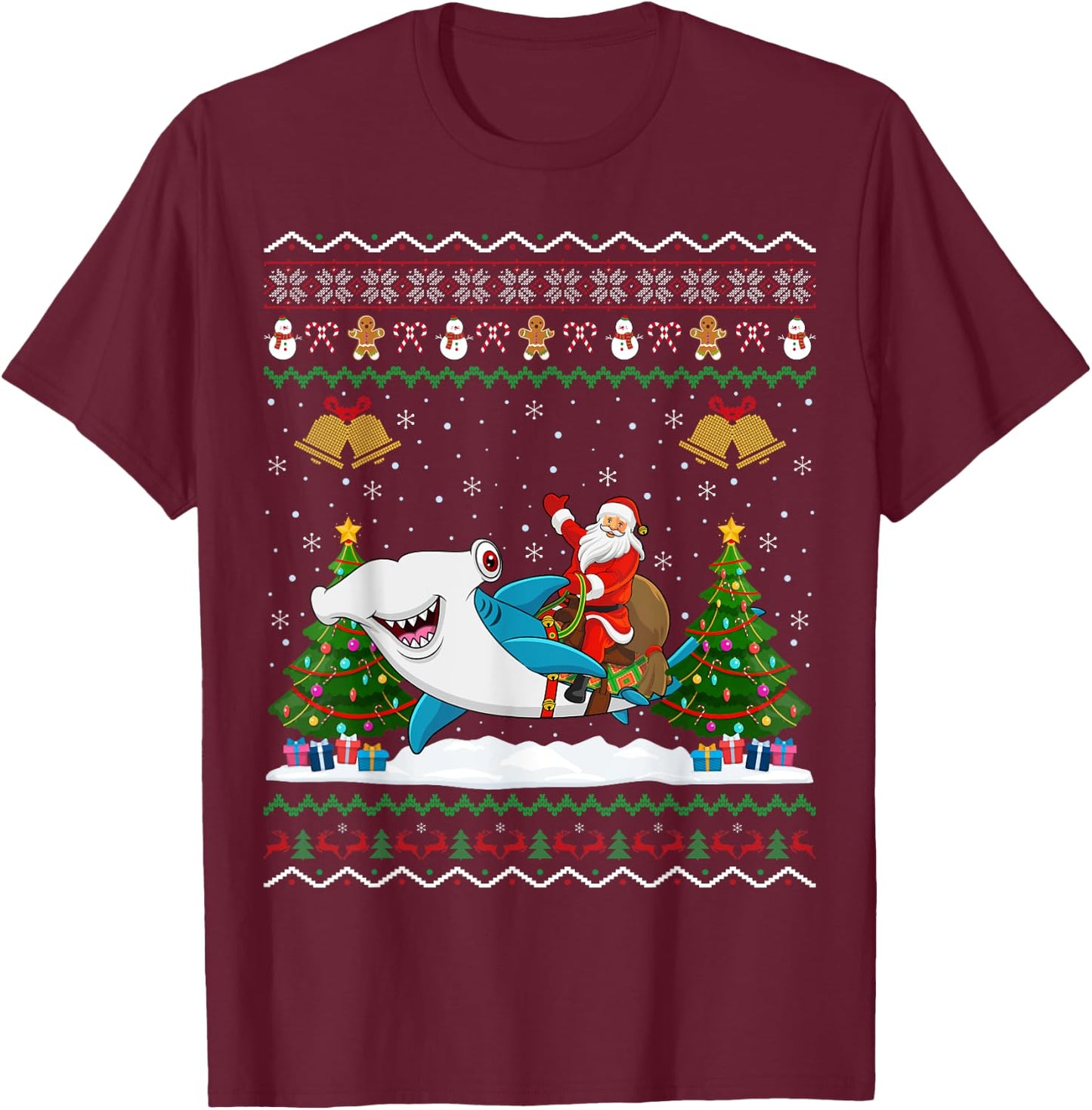 Ugly Hammerhead Shark Xmas Gift Santa Riding Shark Christmas T-Shirt - T-Shirt | Maroon