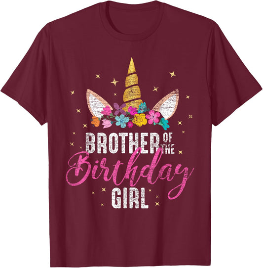 Brother Of The Birthday Girl Sibling Gift Unicorn Birthday T-Shirt - T-Shirt | Maroon