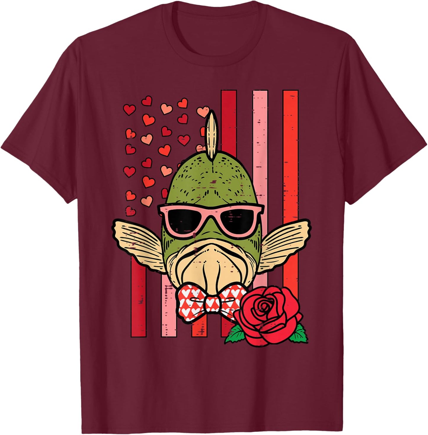 Valentines Day Fish US Flag Patriot Fisherman Men Women Kids T-Shirt - T-Shirt | Maroon